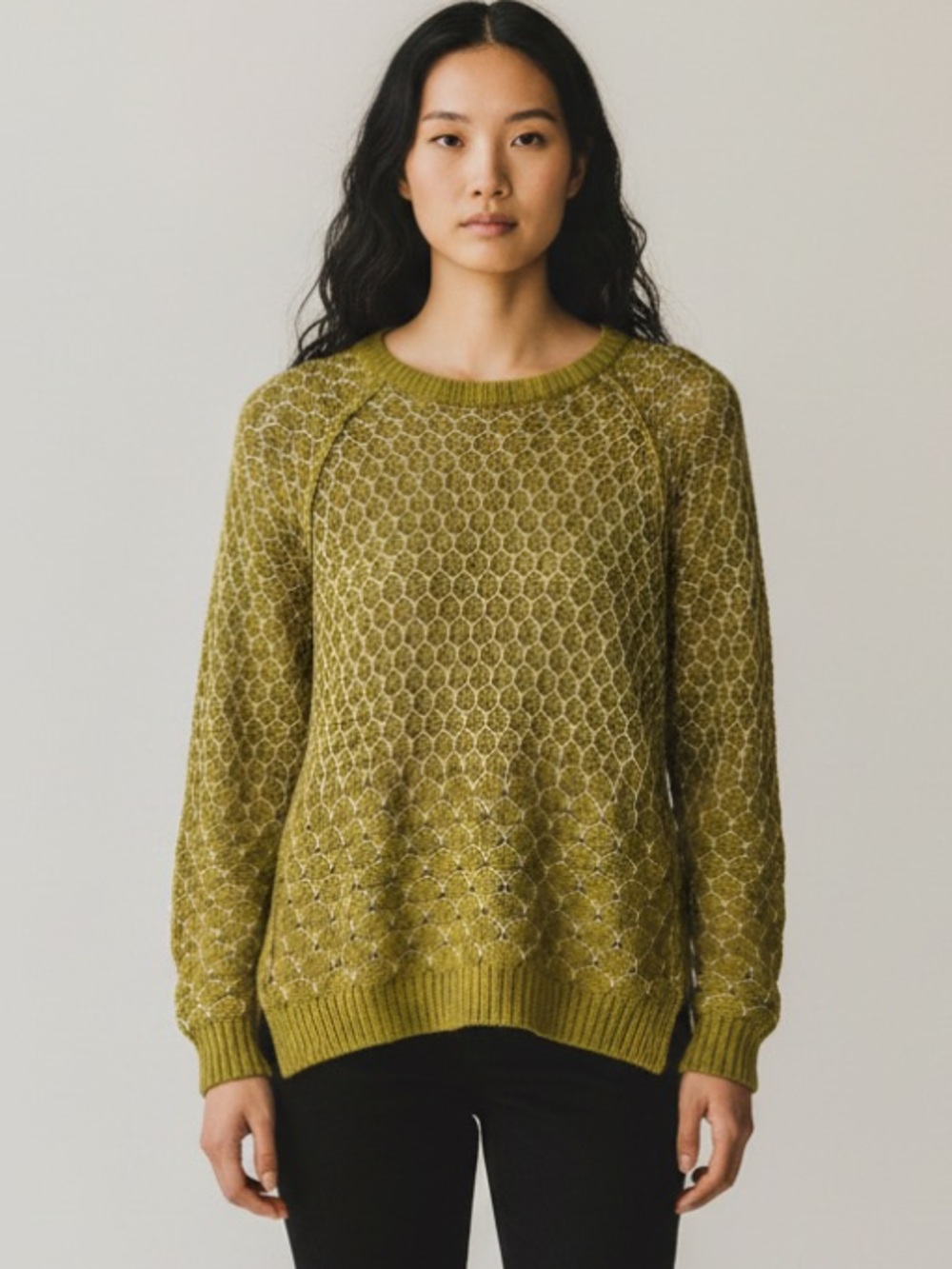Moth Anthropologie bright Olive Honeycomb Knit Crewneck Sweater size small